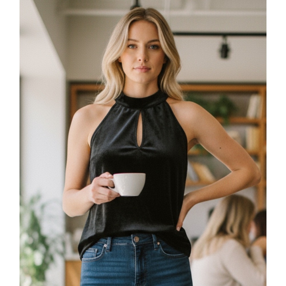 Catherine Malandrino Black Velvet Halter Keyhole Neck Dressy Top Size Medium NWT